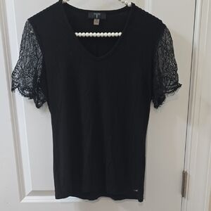 Tahari Black Top with Lace Sleeves